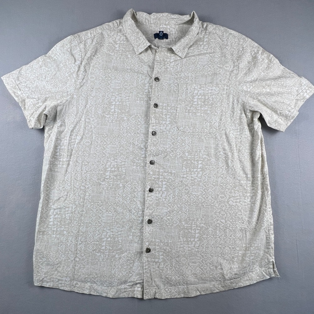 Hawaiian Button Up Shirt Mens 2XL Tan Geometric Tribal Print Casual Summer